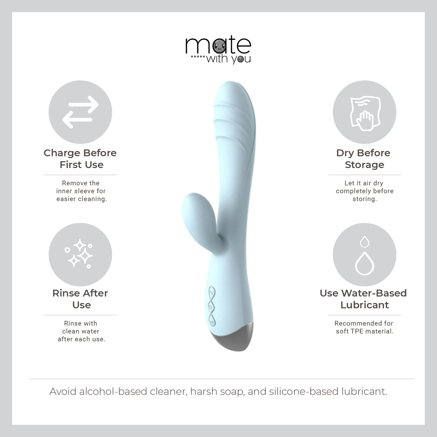 Rechargeable G-Spot vibrator care guide with charging before first use, rinsing after use, air drying and water-based lubricant recommendation