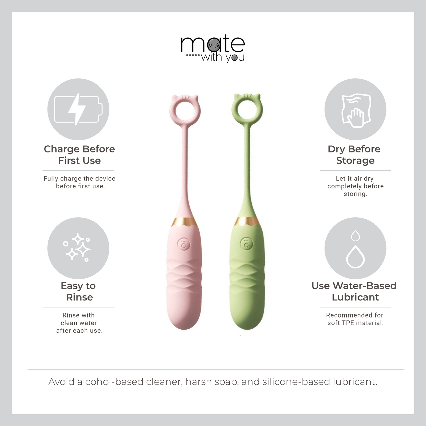 CUTE MONSTER vibrating egg care guide with charging before first use, rinsing after use, air drying and water-based lubricant recommendation