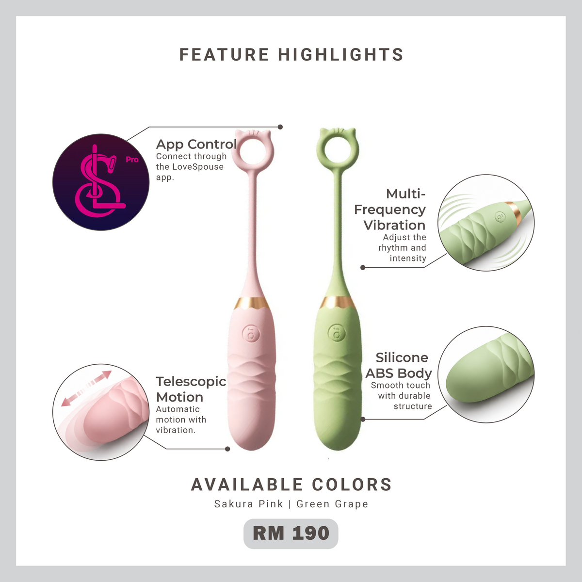 CUTE MONSTER vibrating egg feature highlights with app control, telescopic motion, multi-frequency vibration and silicone ABS body