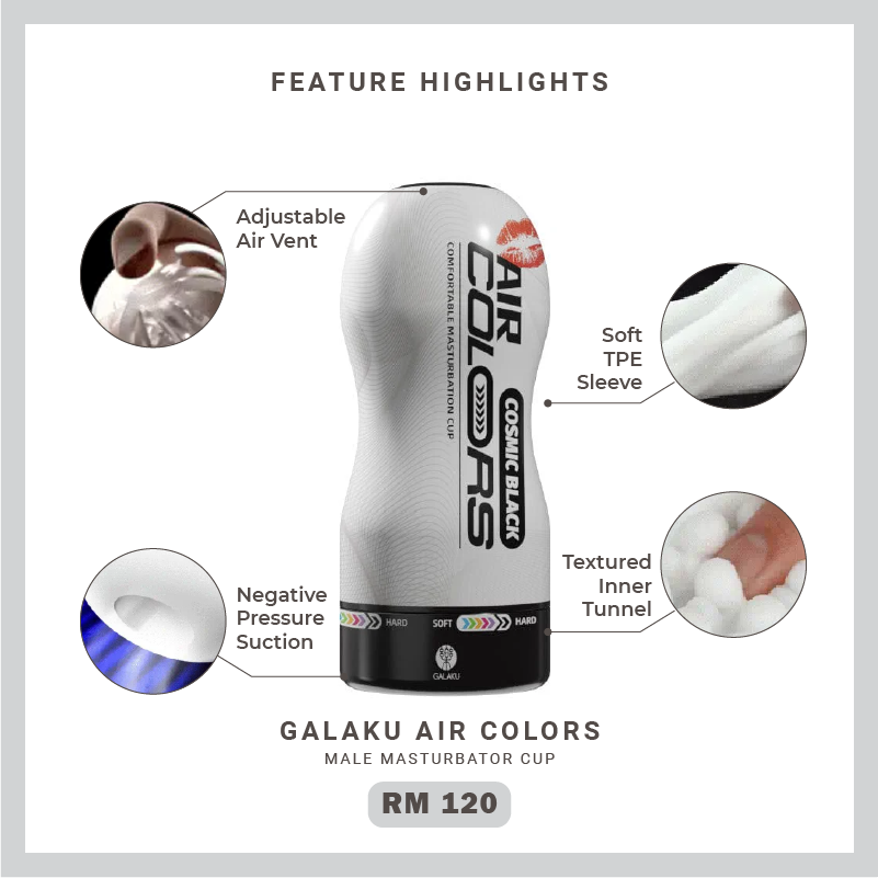 GALAKU Air Colors male masturbator cup feature highlights with adjustable air vent, soft TPE sleeve, negative pressure suction and textured inner tunnel