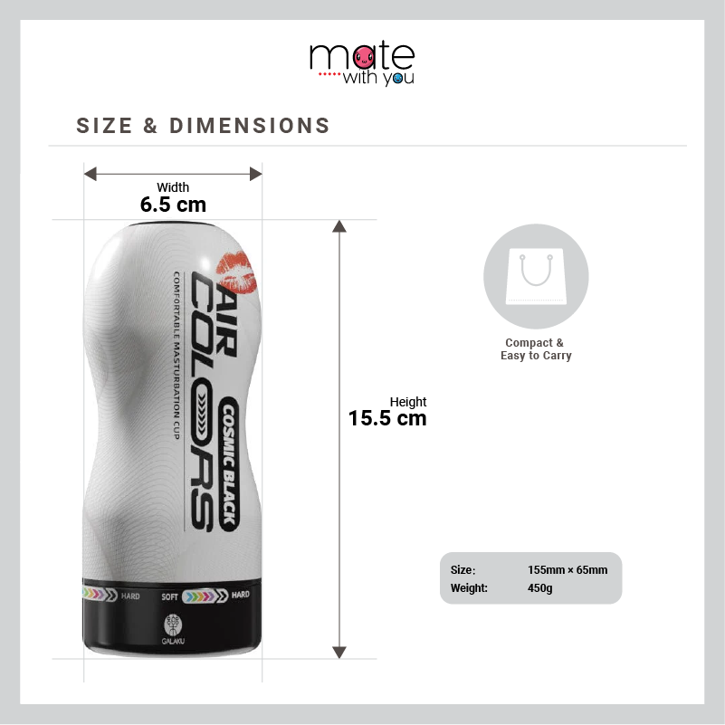 GALAKU Air Colors male masturbator cup size dimensions showing 15.5 cm height and 6.5 cm width