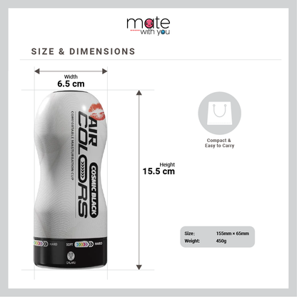 GALAKU Air Colors male masturbator cup size dimensions showing 15.5 cm height and 6.5 cm width